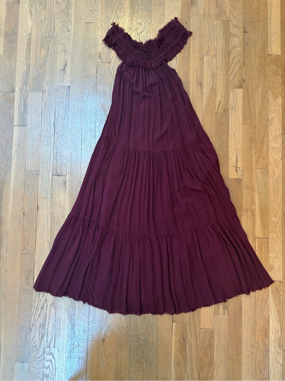 Raquel Allegra Maroon Tiered Midi Dress